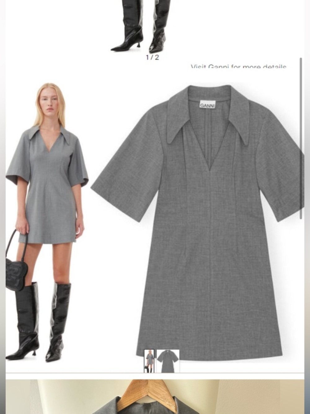Ganni Gray V-Neck A-Line Mini Dress - Picture 2 of 5